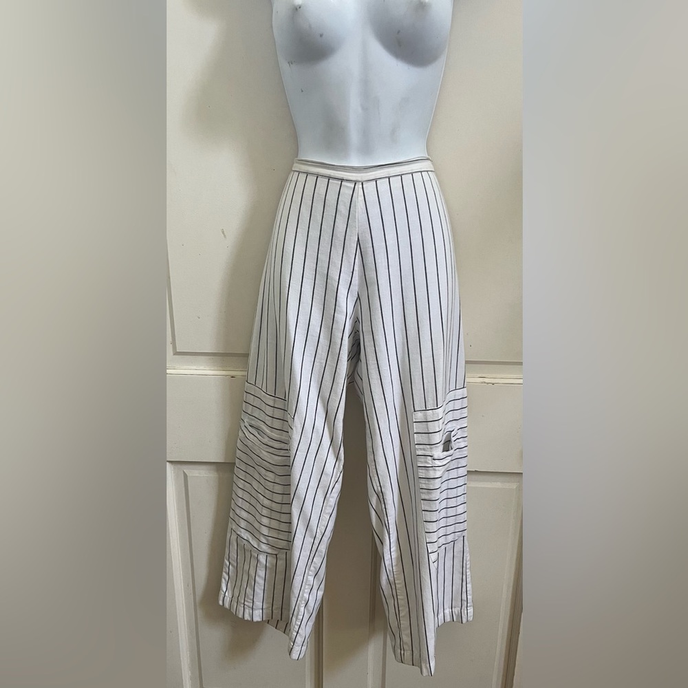 TULIP ANTHROPOLOGIE White/Grey Striped Cotton Wide Leg Lagenlook Pull On Pants S
